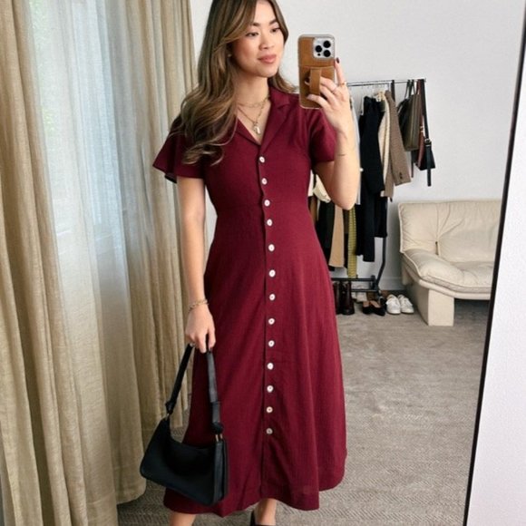 NWT Madewell | Crinkle Cotton Button-Front Midi Dress in Burgundy Size 0 - Picture 7 of 11